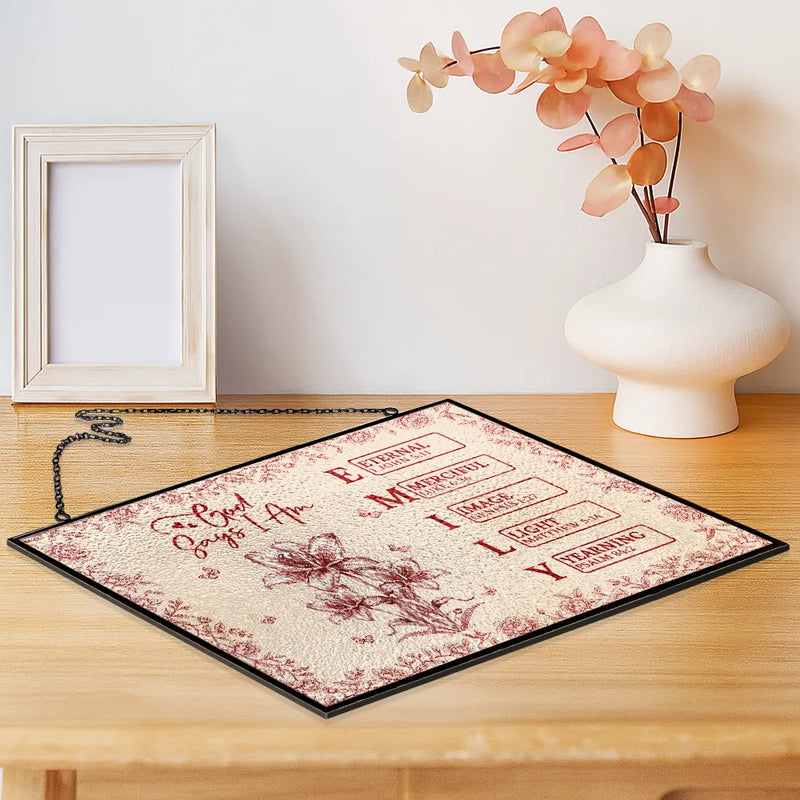 Gift For Yourself, Gift For Women, Happy - God Says I Am Toile De Jouy Flower - Personalized Horizontal Stained Glass Suncatcher