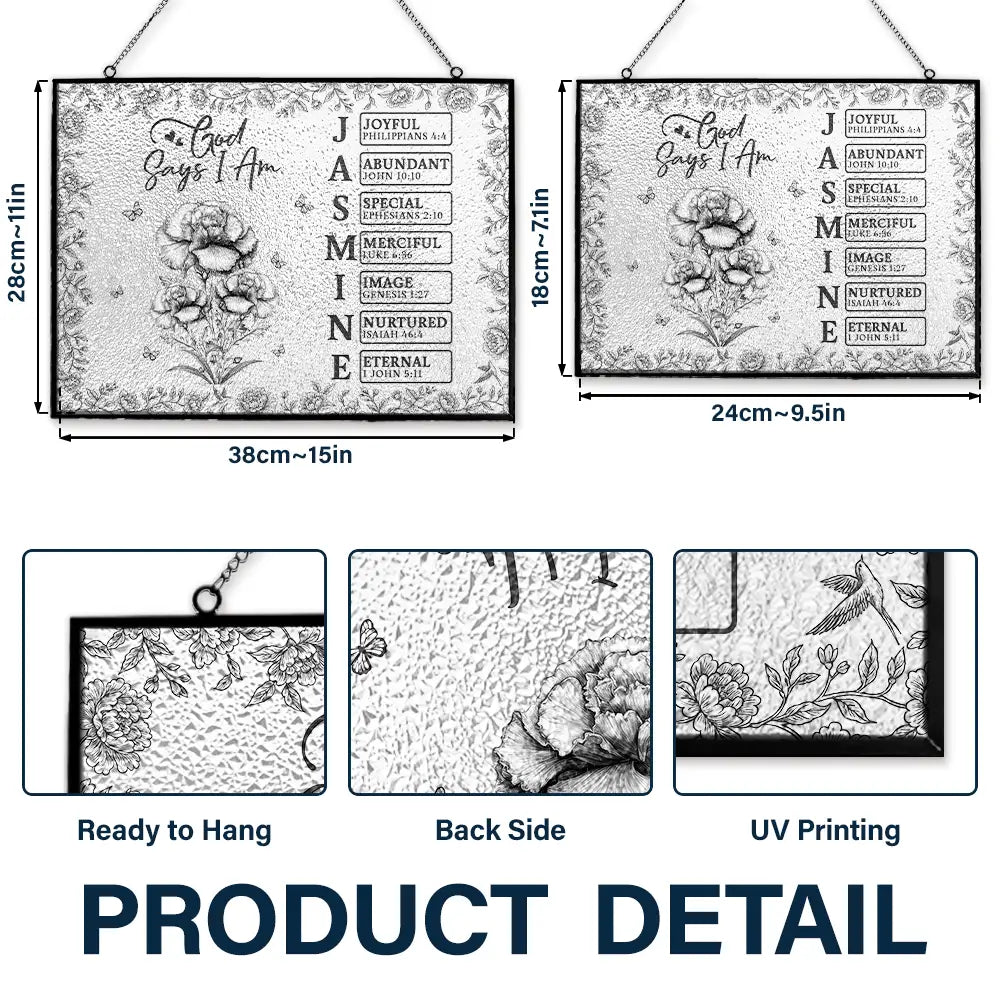 Gift For Yourself, Gift For Women, Happy - God Says I Am Toile De Jouy Flower - Personalized Horizontal Stained Glass Suncatcher