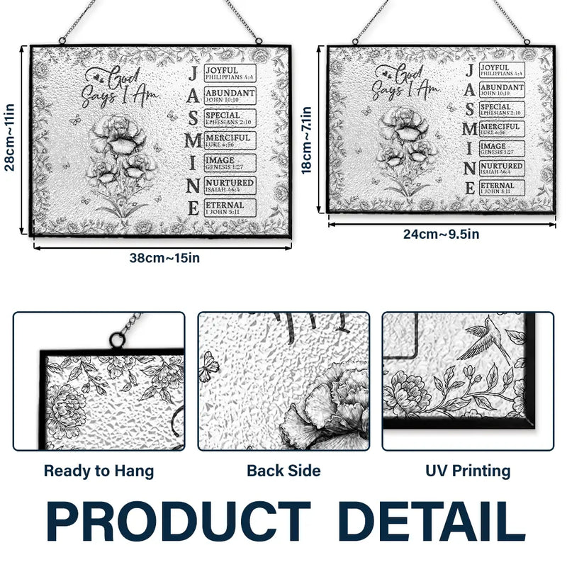 Gift For Yourself, Gift For Women, Happy - God Says I Am Toile De Jouy Flower - Personalized Horizontal Stained Glass Suncatcher