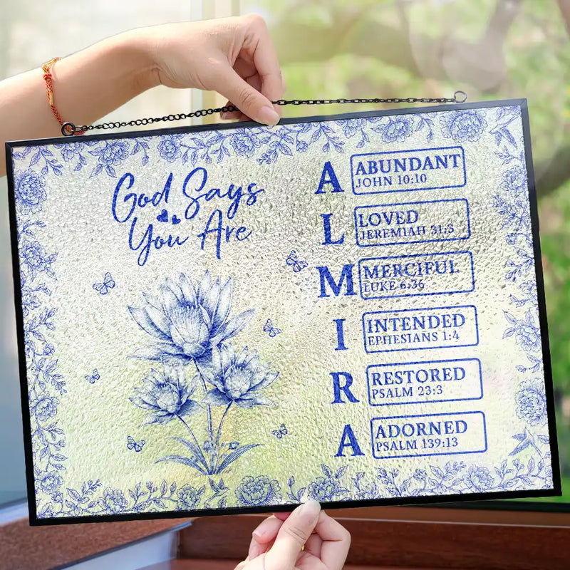 Gift For Yourself, Gift For Women, Happy - God Says I Am Toile De Jouy Flower - Personalized Horizontal Stained Glass Suncatcher