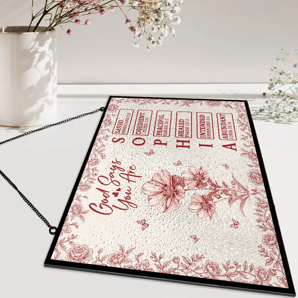 Gift For Yourself, Gift For Women, Happy - God Says I Am Toile De Jouy Flower - Personalized Horizontal Stained Glass Suncatcher