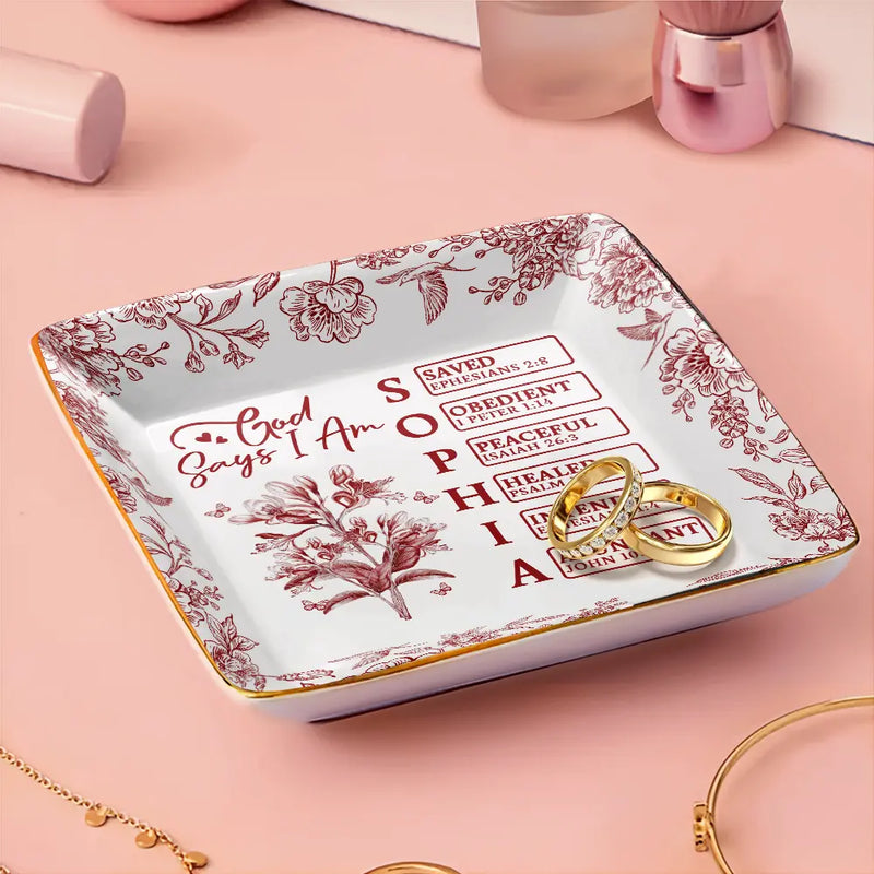 Gift For Yourself,Gift For Women,Happy - God Says I Am Toile De Jouy Flower - Personalized Ring Dish