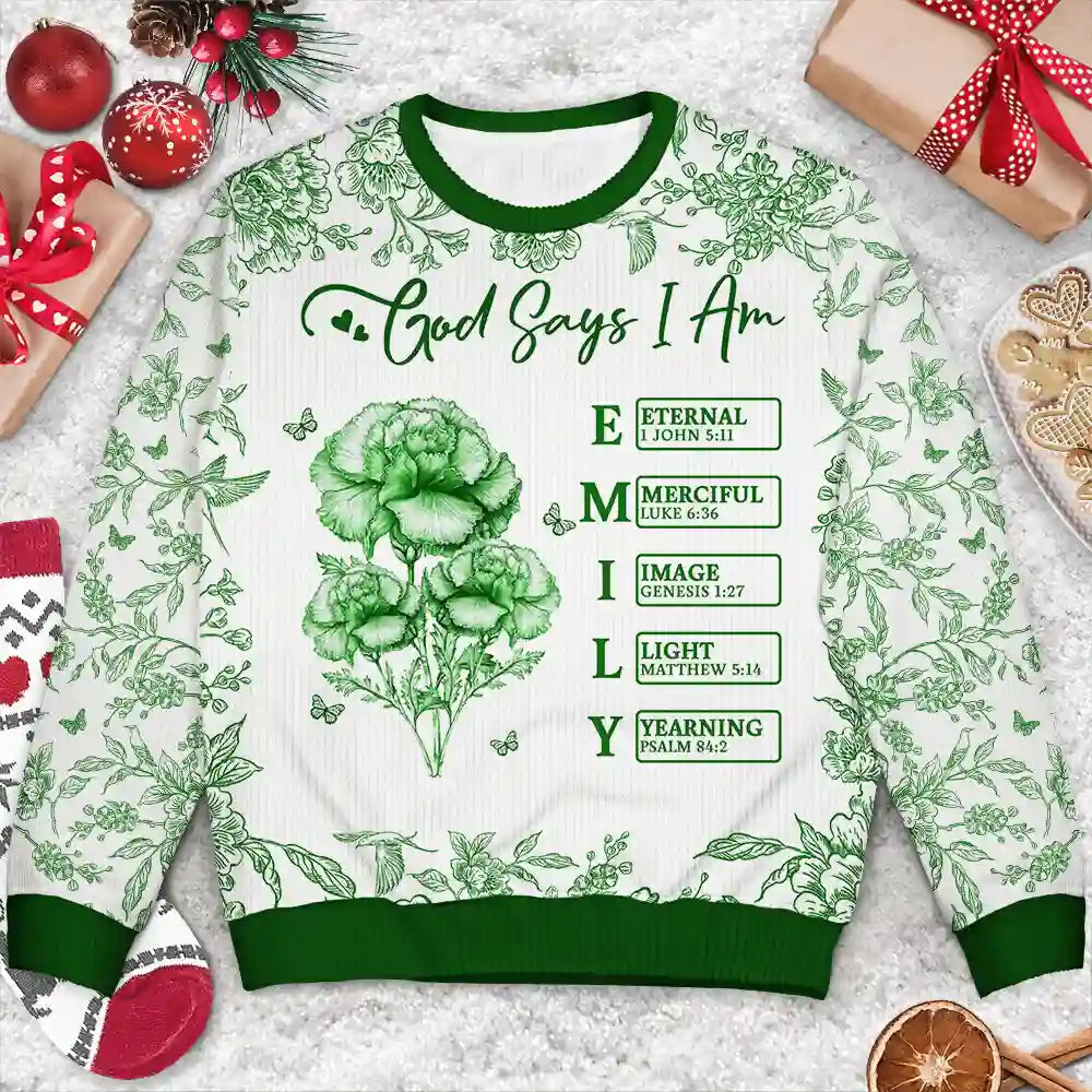Gift For Yourself,Gift For Women,Christmas,Happy,Christian, Top Market - God Says I Am Toile De Jouy Flower - Personalized Unisex Ugly Sweater