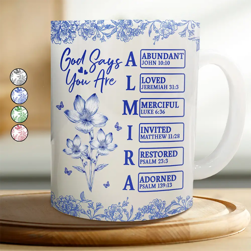Gift For Yourself,Gift For Women,Happy,Christian - God Says I Am Toile De Jouy Flower - Personalized White Edge-to-Edge Mug