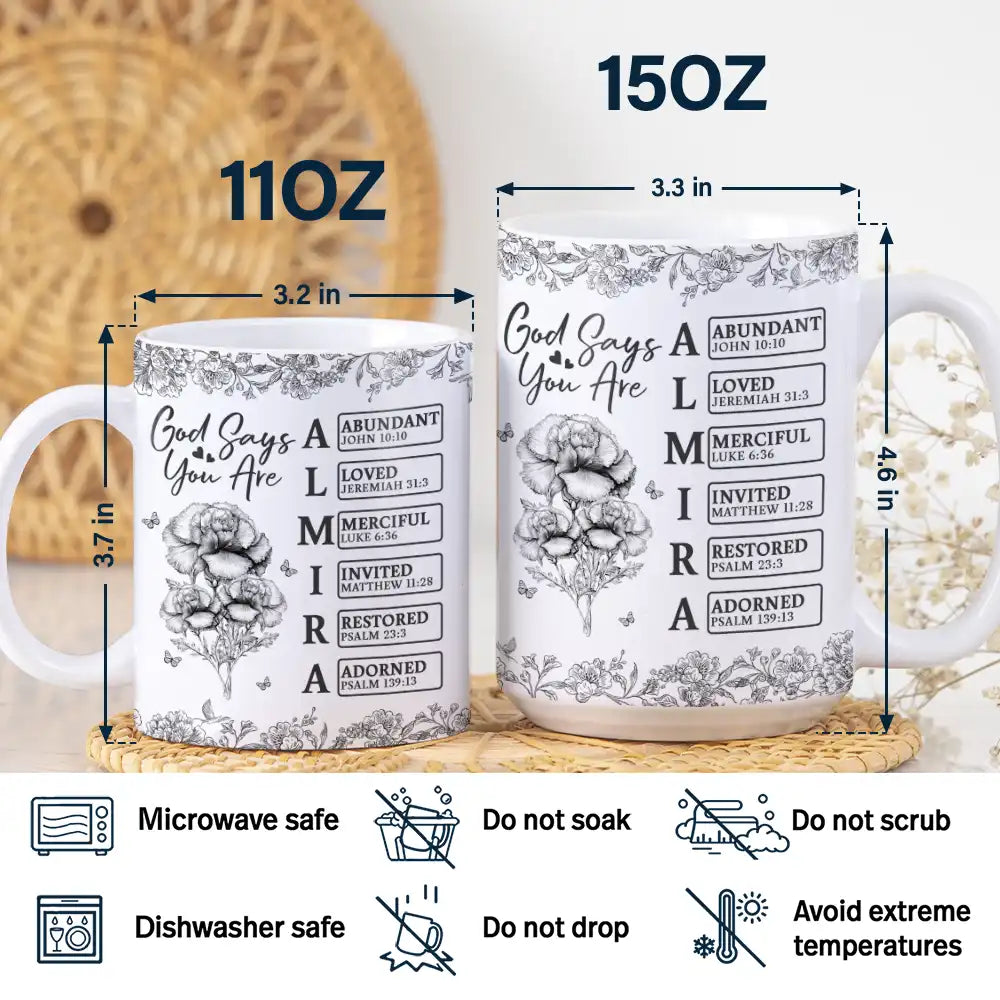 Gift For Yourself,Gift For Women,Happy,Christian - God Says I Am Toile De Jouy Flower - Personalized White Edge-to-Edge Mug