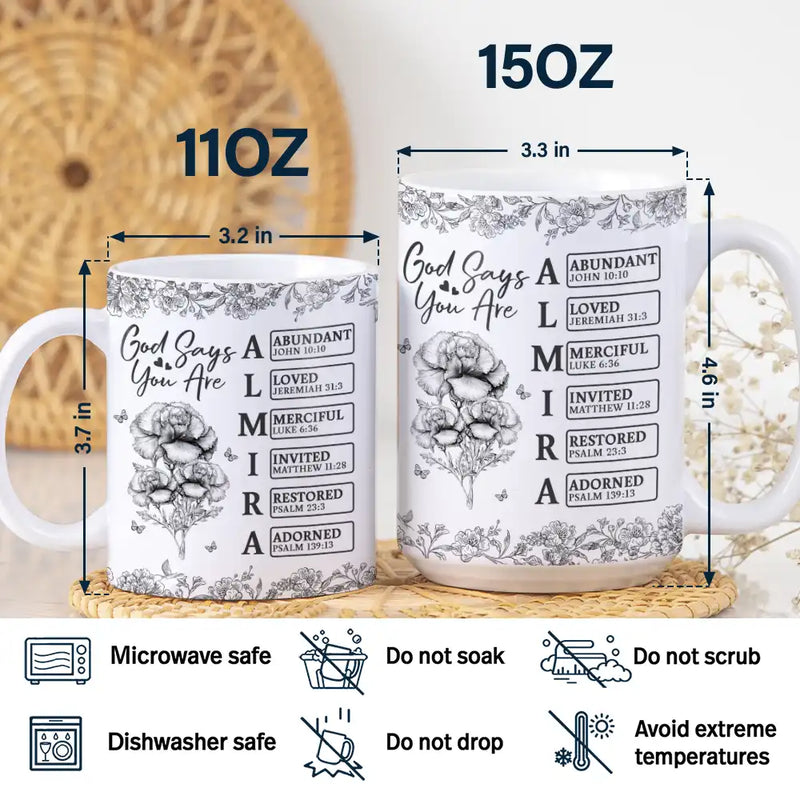 Gift For Yourself,Gift For Women,Happy,Christian - God Says I Am Toile De Jouy Flower - Personalized White Edge-to-Edge Mug