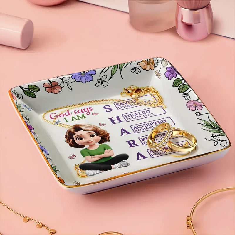 Gift For Bestie,Gift For Sisters,Gift For Yourself,Gift For Women,Happy - God Says You Are 3D Effect Woman - Personalized Ring Dish