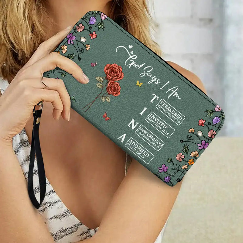 Gift For Mother,Gift For Grandma,Happy - God Says You Are Birth Month Flower - Personalized Leather Long Wallet