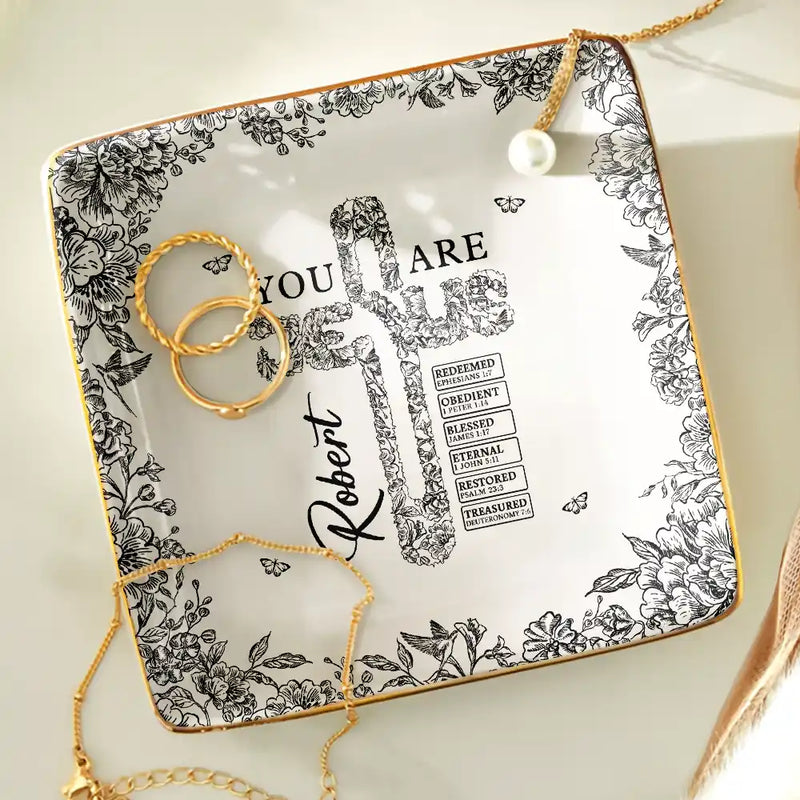 Christian, Gift For Yourself - God Says You Are Cross With Toile Floral Border - Personalized Ring Dish