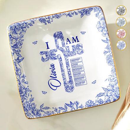 God Says You Are Cross With Toile Floral Border - Personalized Ring Dish