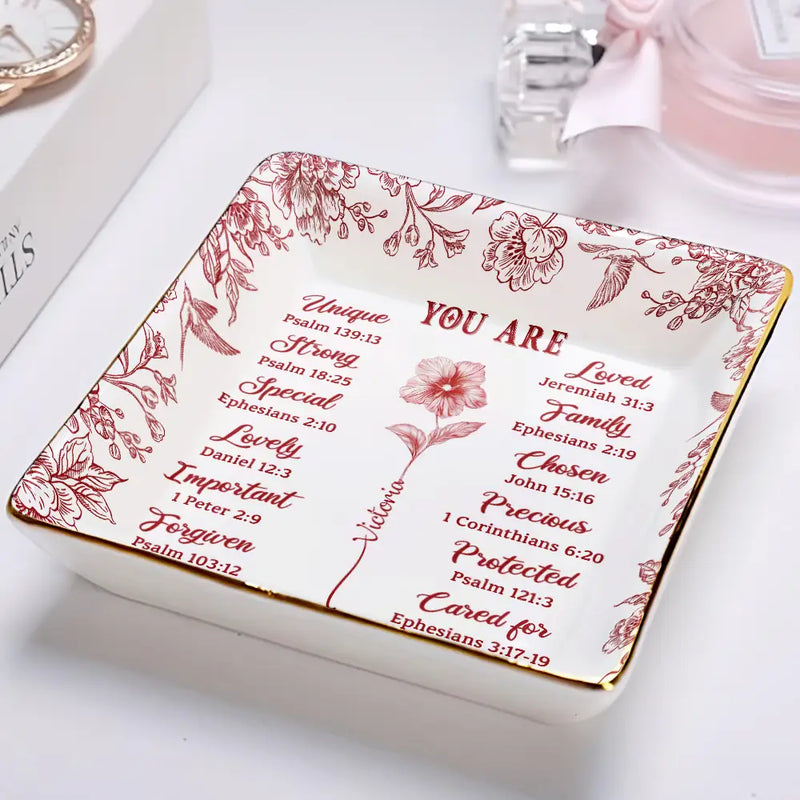 Gift For Yourself,Gift For Women,Happy,Christian - God Says You Are Toile De Jouy Birth Flower - Personalized Ring Dish