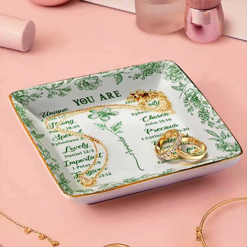 Gift For Yourself,Gift For Women,Happy,Christian - God Says You Are Toile De Jouy Birth Flower - Personalized Ring Dish