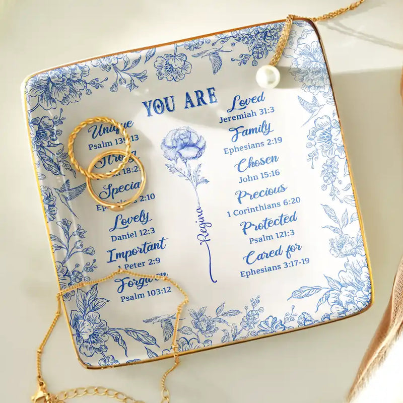 Gift For Yourself,Gift For Women,Happy,Christian - God Says You Are Toile De Jouy Birth Flower - Personalized Ring Dish