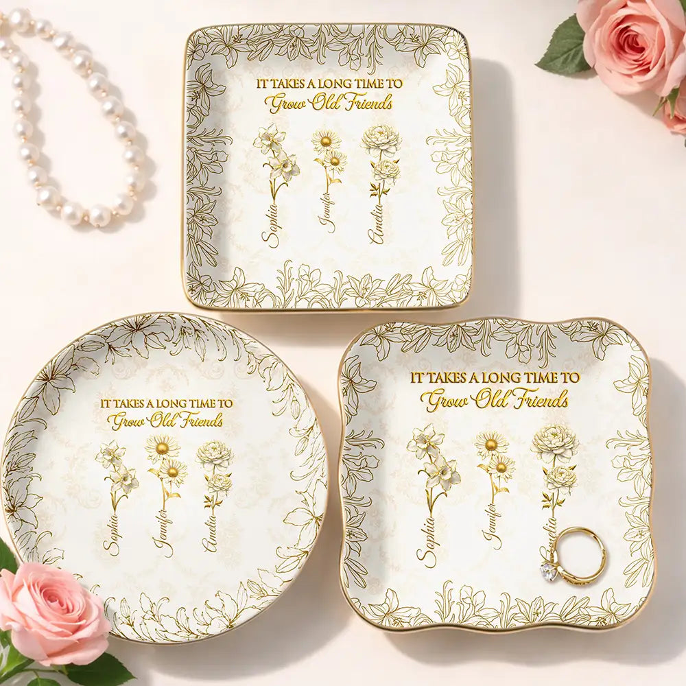 Gold Birth Month Flower Grow An Old Friend - Personalized Ring Dish