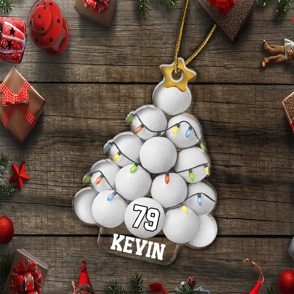 Gift For Yourself, Gift For Women, Gift For Men, Baseball, Basketball, Football, Golf, Happy, Christmas - Golf Ball Christmas Tree - Personalized Custom Shaped Acrylic Ornament