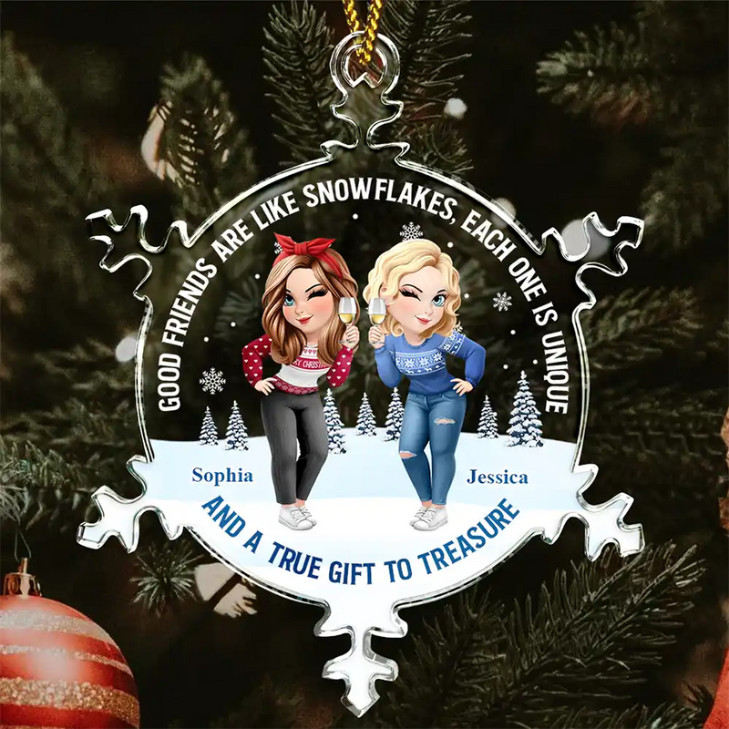 Gift For Bestie, Happy, Christmas, Gift For Sisters - Good Friends Are Like Snowflakes - Personalized Snowflakes Shaped Glass Ornament