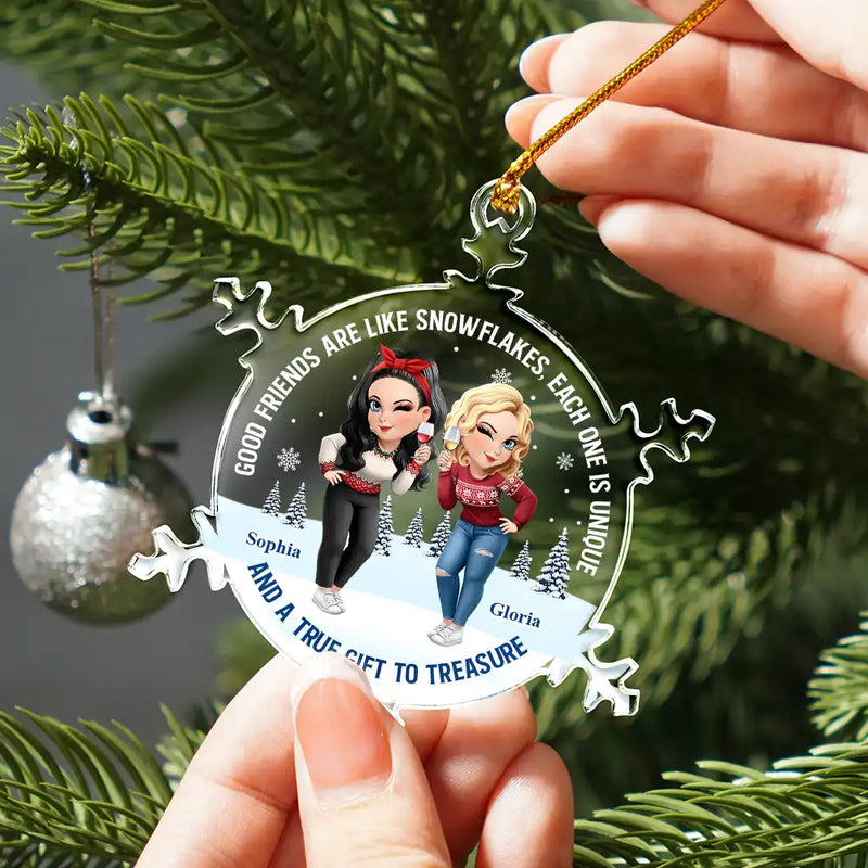 Gift For Bestie, Happy, Christmas, Gift For Sisters - Good Friends Are Like Snowflakes - Personalized Snowflakes Shaped Glass Ornament