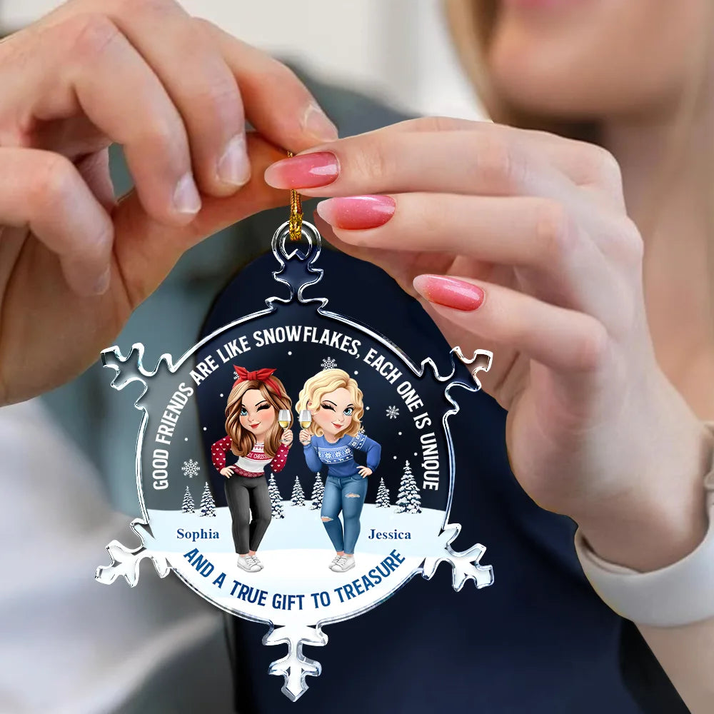 Gift For Bestie, Happy, Christmas, Gift For Sisters - Good Friends Are Like Snowflakes - Personalized Snowflakes Shaped Glass Ornament