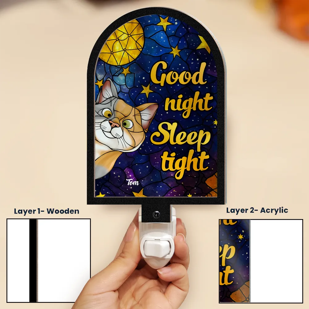 Christmas,Cat Mom,Cat Dad,Funny,Cat Lovers - Good Night Sleep Tight Peeking Cat - Personalized Plug-in Night Light