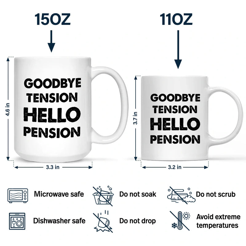 Gift For Men,Retirement,Gift For Husband,Gift For Grandpa,Beach,Summer,Gift For Women,Happy,Gift For Wife,Gift For Grandma - Goodbye Tension Hello Pension - Personalized Mug