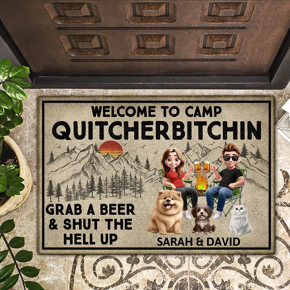 Gift For Couples,Gift For Wife,Gift For Husband,Gift For Boyfriend,Gift For Girlfriend,Camping,Funny,Campsite,Pet Lovers,Cat Lovers,Dog Lovers,Couple's Hobby - Grab A Beer And Shut The Hell Up Camping - Personalized Doormat