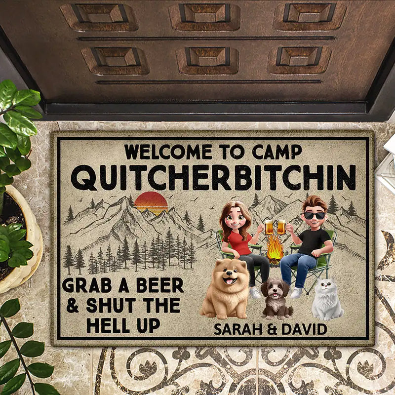 Gift For Couples,Gift For Wife,Gift For Husband,Gift For Boyfriend,Gift For Girlfriend,Camping,Funny,Campsite,Pet Lovers,Cat Lovers,Dog Lovers,Couple's Hobby - Grab A Beer And Shut The Hell Up Camping - Personalized Doormat