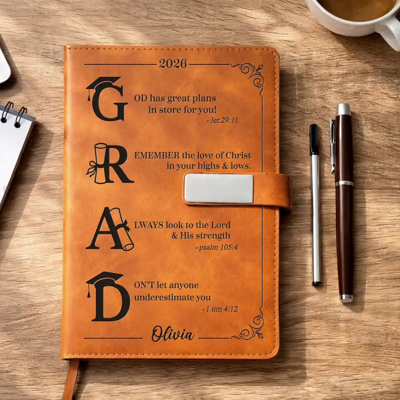Graduation,Happy,Gift For Yourself,Gift For Women,Gift For Men,Gift For Daughter,Gift For Son,Gift For Bestie - Grad Monogram With Faith-Filled Inspiration - Personalized Leather Notebook Set