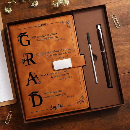 Grad Monogram With Faith-Filled Inspiration - Personalized Leather Notebook Set