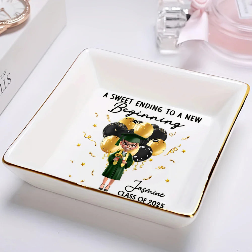 Graduation, Happy - Graduation A Sweet Ending To A New Beginning - Personalized Ring Dish