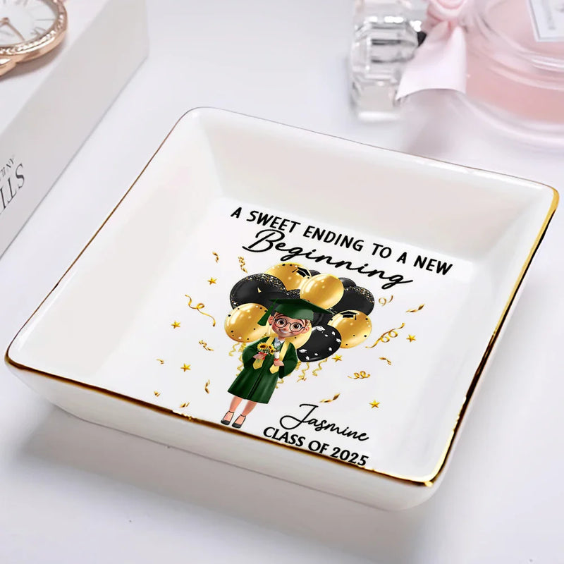Graduation, Happy - Graduation A Sweet Ending To A New Beginning - Personalized Ring Dish