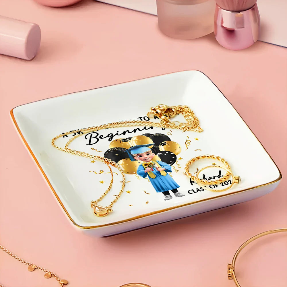 Graduation, Happy - Graduation A Sweet Ending To A New Beginning - Personalized Ring Dish