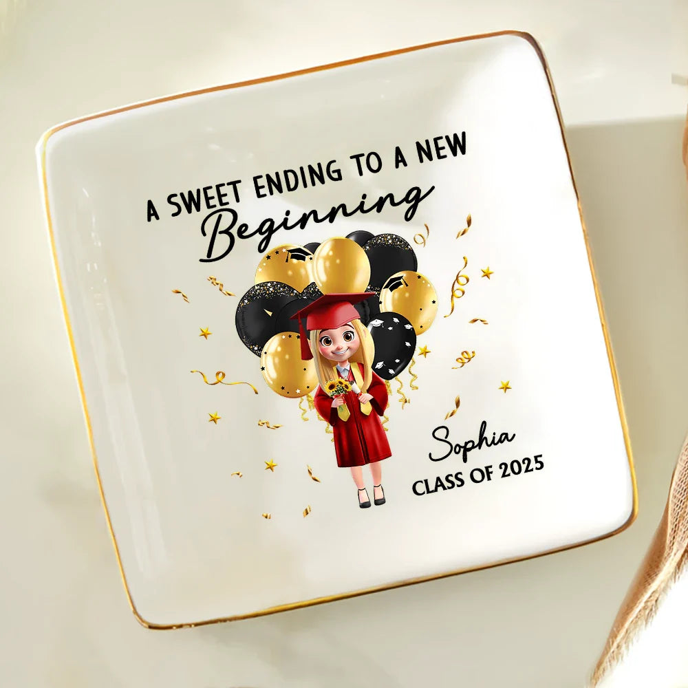 Graduation, Happy - Graduation A Sweet Ending To A New Beginning - Personalized Ring Dish
