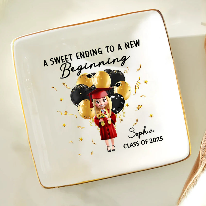 Graduation, Happy - Graduation A Sweet Ending To A New Beginning - Personalized Ring Dish