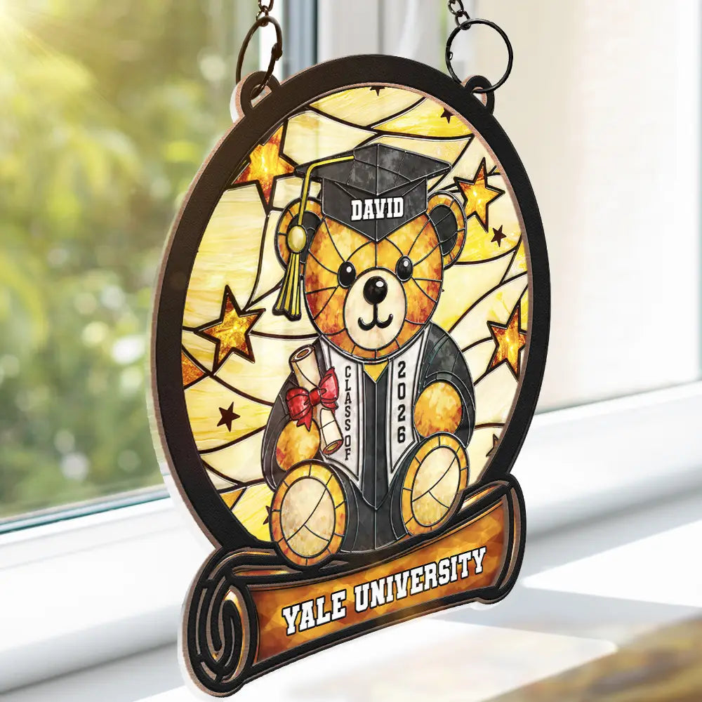 Graduation,Gift For Kids,Gift For Daughter,Gift For Son,Gift For Sibling,Gift For Sisters,Gift For Brothers,Gift For Bestie,Happy,Icon - Graduation Bear - Personalized Window Hanging Suncatcher Ornament