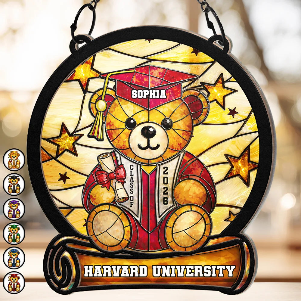 Graduation,Gift For Kids,Gift For Daughter,Gift For Son,Gift For Sibling,Gift For Sisters,Gift For Brothers,Gift For Bestie,Happy,Icon - Graduation Bear - Personalized Window Hanging Suncatcher Ornament