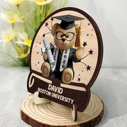 Graduation, Gift For Daughter, Gift For Son, Happy - Graduation Bear 3D Effect - Personalized 2-Layered Wooden Plaque With Stand