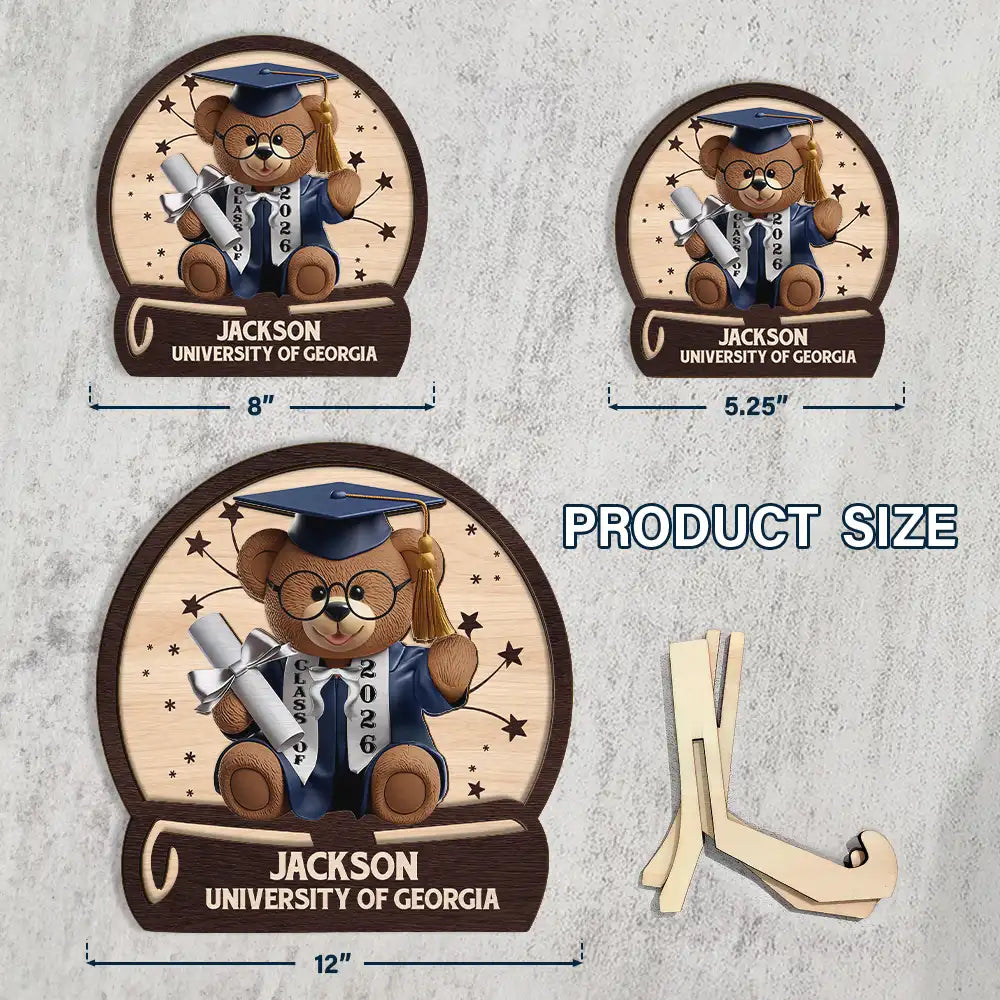 Graduation, Gift For Daughter, Gift For Son, Happy - Graduation Bear 3D Effect - Personalized 2-Layered Wooden Plaque With Stand