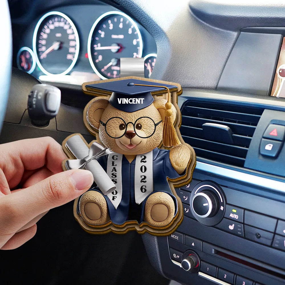 Graduation, Dad - Children, Mom - Children, Gift For Sibling, Gift For Bestie, Happy - Graduation Bear 3D Effect - Personalized Custom Shaped Car Visor Clip
