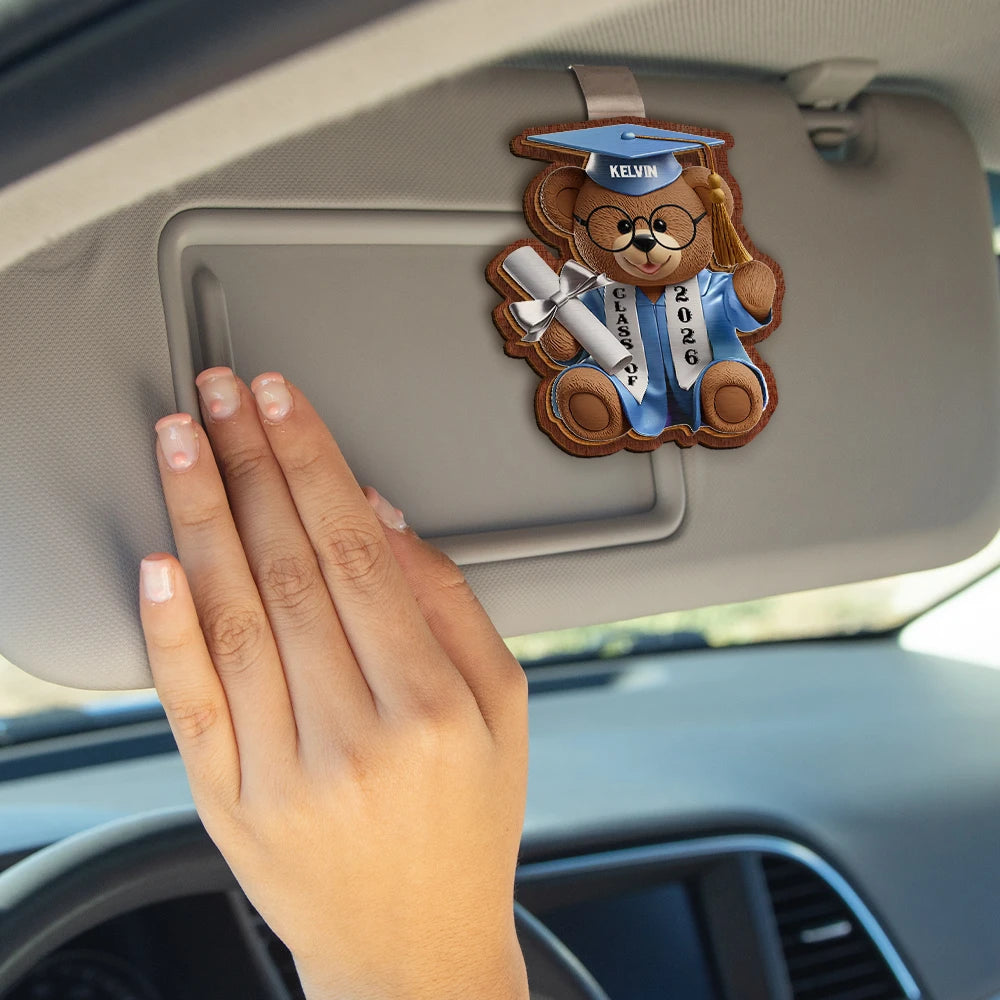 Graduation, Dad - Children, Mom - Children, Gift For Sibling, Gift For Bestie, Happy - Graduation Bear 3D Effect - Personalized Custom Shaped Car Visor Clip