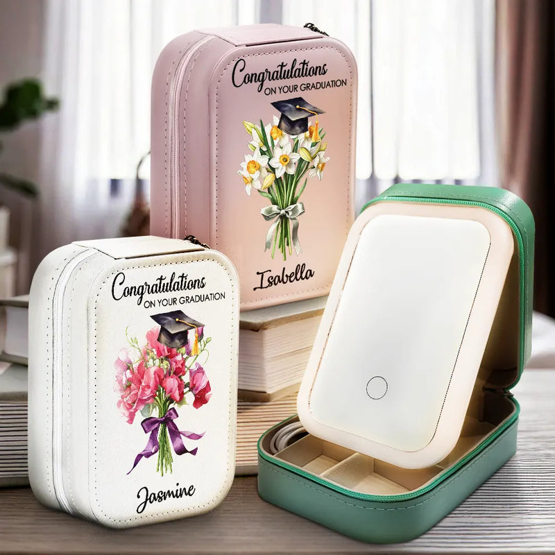 Graduation,Happy,Gift For Yourself,Gift For Women,Gift For Daughter,Gift For Sisters,Gift For Sibling,Gift For Bestie - Graduation Birth Flower Bouquet - Personalized Makeup Box With LED Mirror