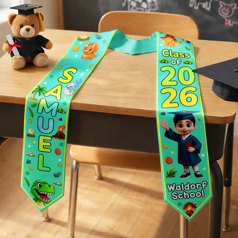 Graduation,Happy,Gift For Kids,Vector - Graduation Kid Dinosaur Unicorn - Personalized Kid Graduation Stole