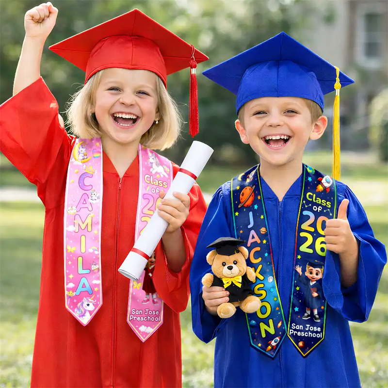 Graduation,Happy,Gift For Kids,Vector - Graduation Kid Dinosaur Unicorn - Personalized Kid Graduation Stole