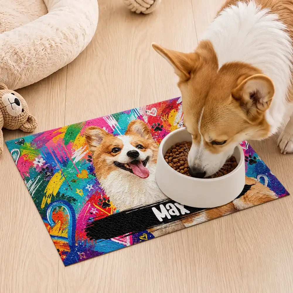 Art Design,Custom Photo,Pet Lovers,Photo - Oil Painting,Playful - Graffiti Style Gift For Dog Cat Lovers - Personalized Custom Photo Pet Portrait With Name Pet Feeding Mat
