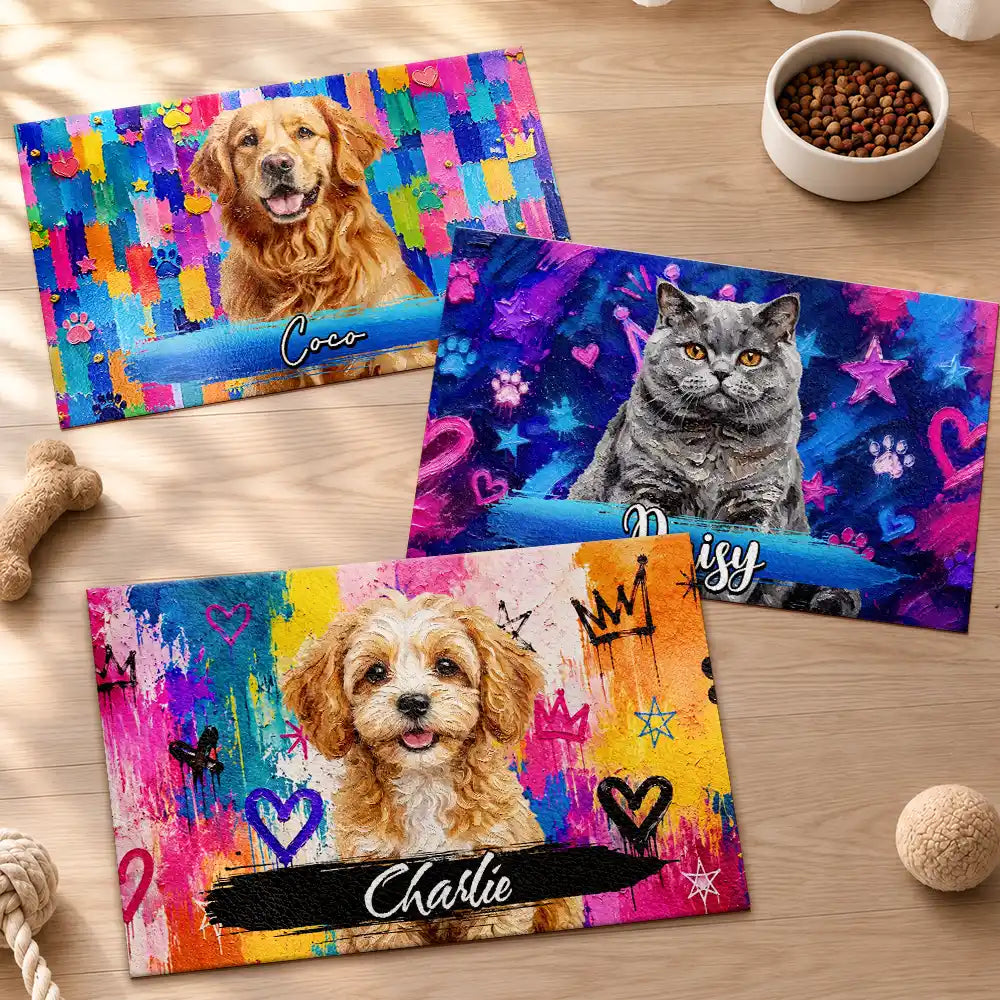 Art Design,Custom Photo,Pet Lovers,Photo - Oil Painting,Playful - Graffiti Style Gift For Dog Cat Lovers - Personalized Custom Photo Pet Portrait With Name Pet Feeding Mat