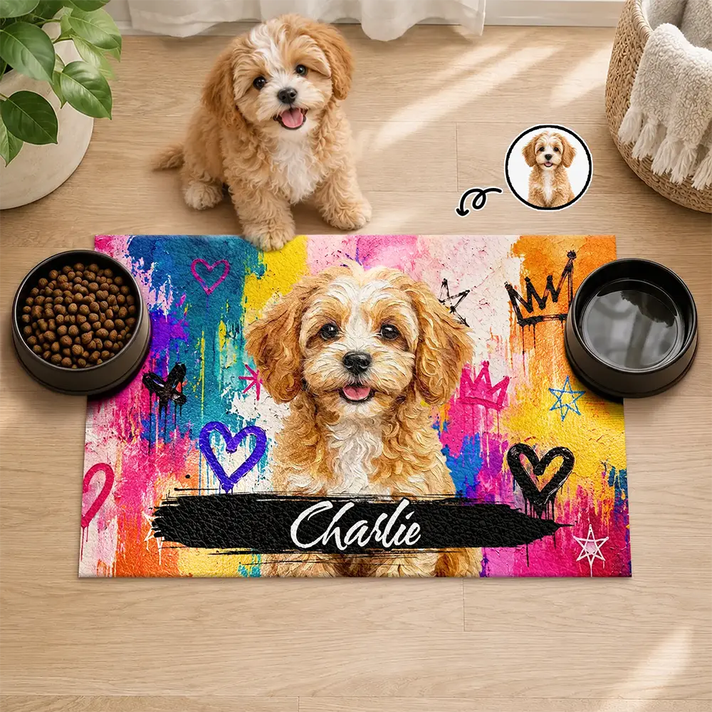 Art Design,Custom Photo,Pet Lovers,Photo - Oil Painting,Playful - Graffiti Style Gift For Dog Cat Lovers - Personalized Custom Photo Pet Portrait With Name Pet Feeding Mat