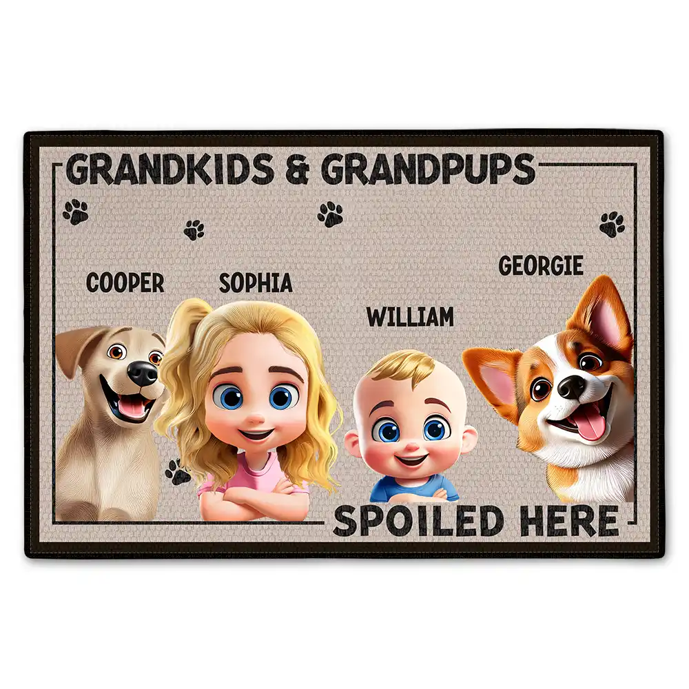 Gift For Grandma, Gift For Grandpa, Gift For Grandparents, Dog Lovers, Cat Lovers, Funny - Grandkids And Grandpups Spoiled Here - Personalized Doormat