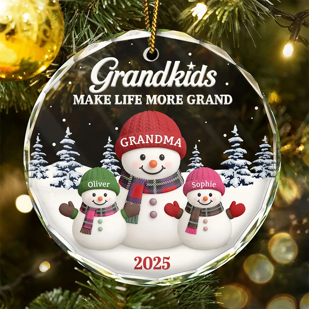 Gift For Grandma,Gift For Grandpa,Gift For Grandparents,Gift For Grandkids,Christmas,Happy - Grandkids Make Life More Grand - Personalized Circle Glass Ornament