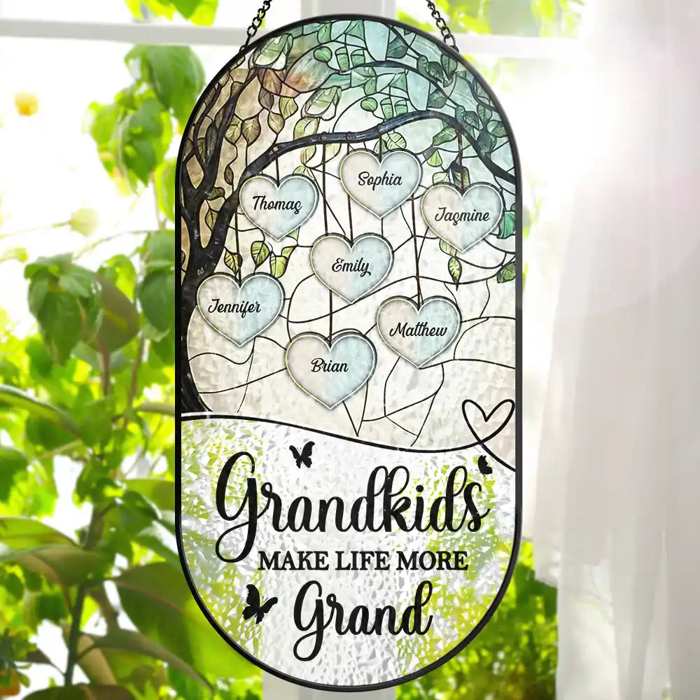 Grandkids Make Life More Grand - Personalized Rounded Rectangle Stained Glass Suncatcher