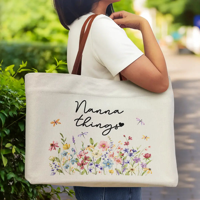 Gift For Women, Happy, Gift For Yourself - Grandma Things Grandma Getaway Bag Wild Flowers - Personalized Leather Handle Tote Bag