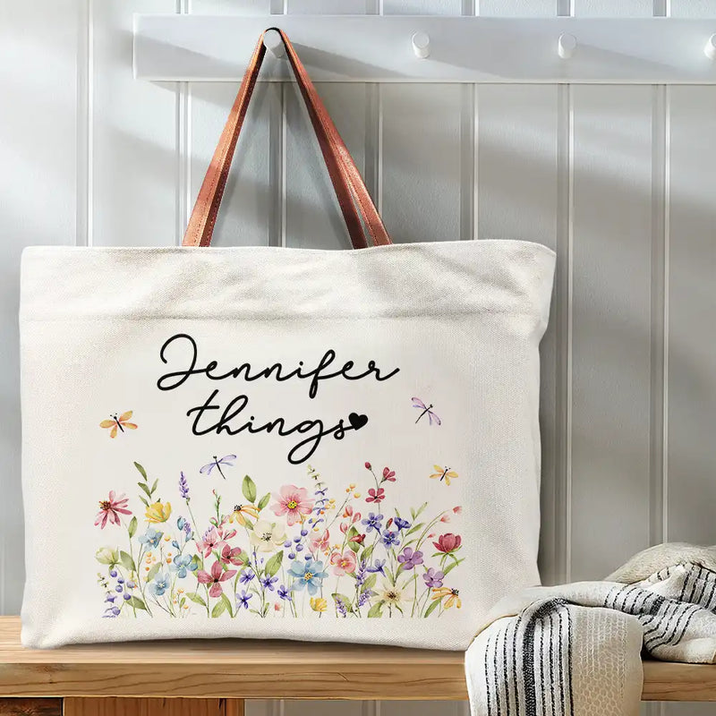 Gift For Women, Happy, Gift For Yourself - Grandma Things Grandma Getaway Bag Wild Flowers - Personalized Leather Handle Tote Bag
